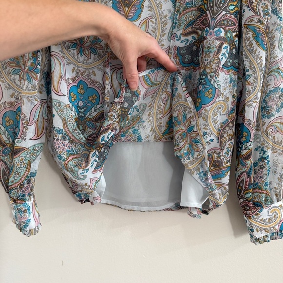 LOFT Paisley Tie Blouse Ruffle Trim Teal Aqua Small - Picture 6 of 11